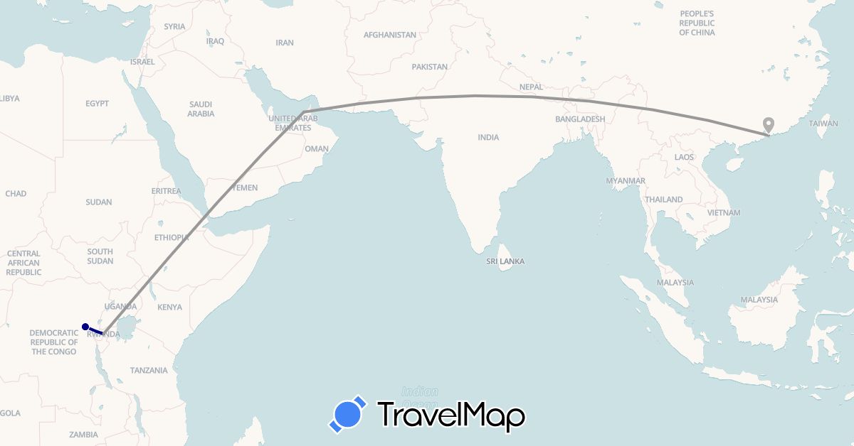 TravelMap itinerary: driving, plane in United Arab Emirates, Democratic Republic of the Congo, China, Rwanda (Africa, Asia)